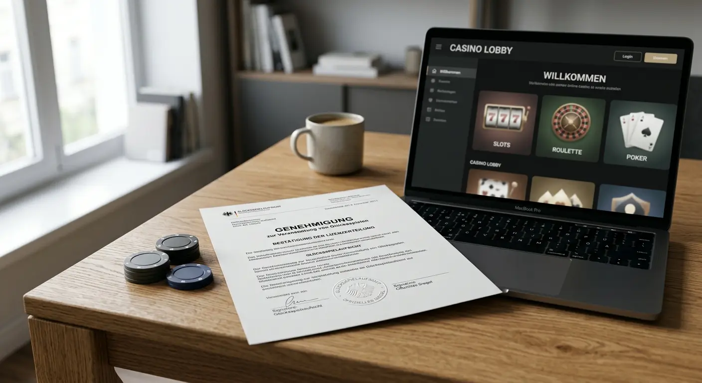 Beste Online Casinos ohne Lizenz 2026 – neutrales Lizenzdokument und Laptop auf Redaktionstisch